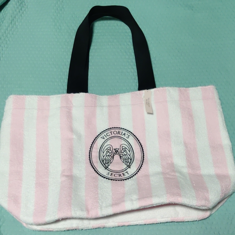 Victoria's Secret Pink and White Striped Tote with Black Handles